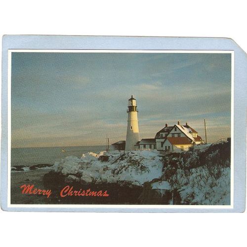 ME Portland Lighthouse Postcard Portland Head Lighthouse Merry Christmas M~232