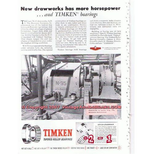 TIMKEN ROLLER BEARING COMPANY 1955 drawworks horsepower vintage ad