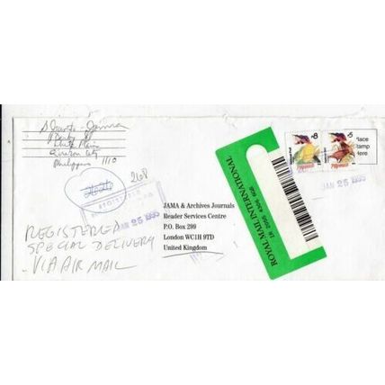 Philippines 1995 Quezon-London UK Registered Air Mail Cover written VGC