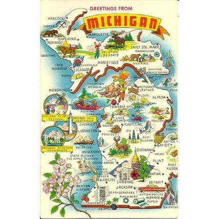 United States MICHIGAN Map Postcard (Tichnor K-5414)