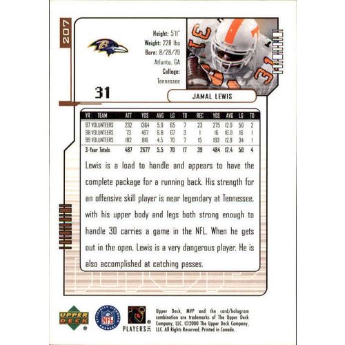 2000 Upper Deck MVP Football Jamal Lewis RC #207