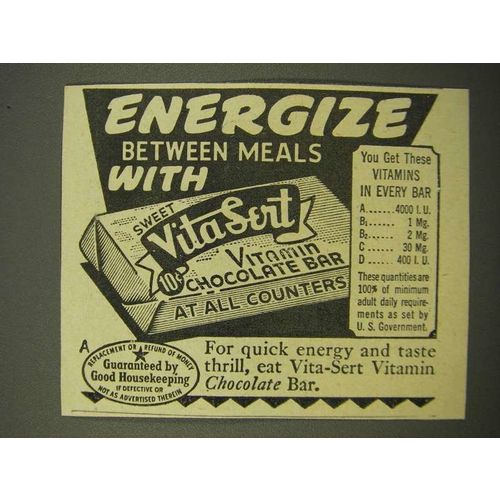 1947 VitaSert Vitamin Chocolate Bar Ad - Energize