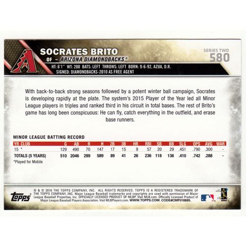 2016 Topps baseball card 580 Socrates Brito - Diamondbacks
