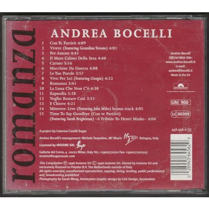Andrea Bocelli. Romanza. 15 Tracks