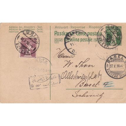 Switzerland 1918 7.5c postal card Zurich Basel +Arabic Constantinople Postmarks