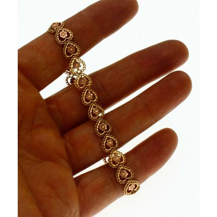 Solid 14K Gold Multi Tone Tri Color Flower in Heart Bracelet 9.9 Gr 8 Inch Long