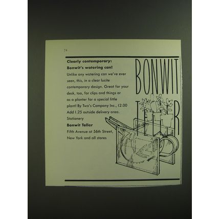 1974 Bonwit Teller Two's Company Lucite Watering Can Ad - Clearly contemporary
