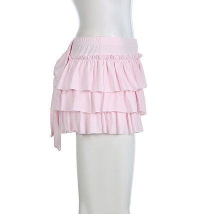 Sweet Low-waisted Skirt Mini Pink Back Bow Tiered Ruffle Aline Kawaii Lolita Y2k