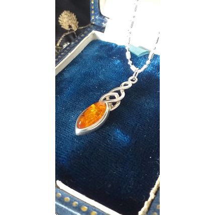 Antique Vintage 1940-s CELTIC 925 Silver Natural Amber Pendant & 18 Inch Chain