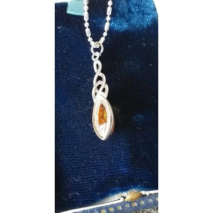Antique Vintage 1940-s CELTIC 925 Silver Natural Amber Pendant & 18 Inch Chain