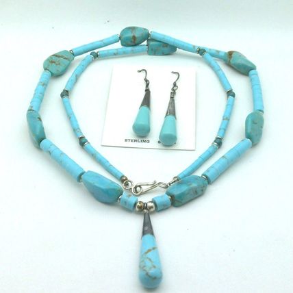 Sterling Silver Turquoise Gemstone Necklace Earring Bracelet Set