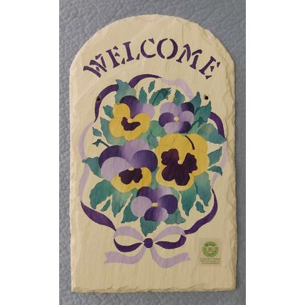 HANDPAINTED WELCOME SLATE DOOR HANGING with YELLOW & PURPLE PANSIES