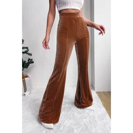 Chestnut Solid Color High Waist Flare Corduroy Pants