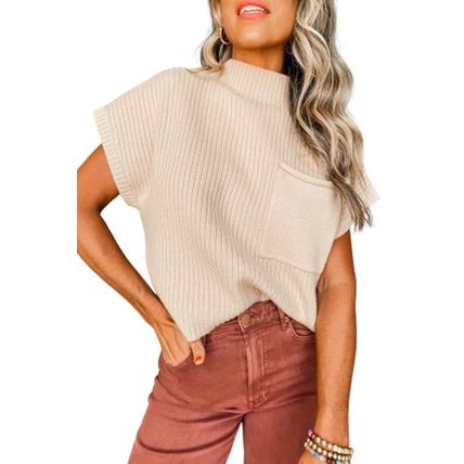 Oatmeal Patch Pocket Ribbed Knit Short Sleeve Sweater