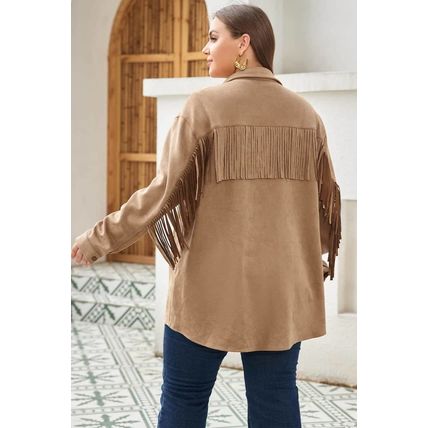 Khaki Fringe Trim Plus Size Suede Shacket