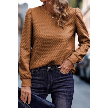 Brown Solid Color Quilted Puff Sleeve Pullover Sweatshirt