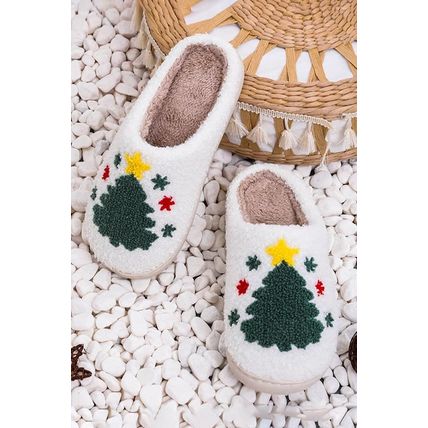 White Fuzzy Christmas Tree Pattern Home Slippers
