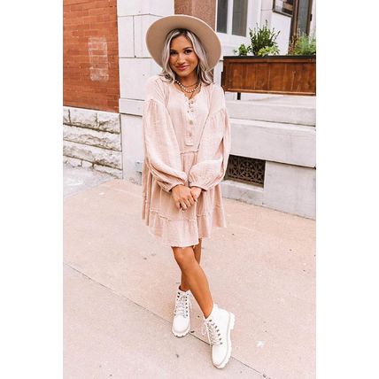 Oatmeal Crinkle Distressed Puff Sleeve Flared Dress