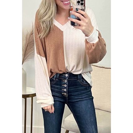 Apricot Color Block Wide Ribbed V Neck Top