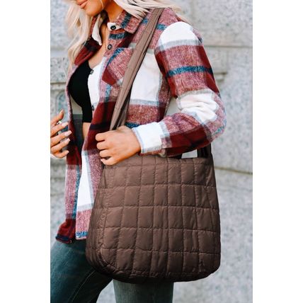 Coffee Quilted Zipper Large Shoulder Bag