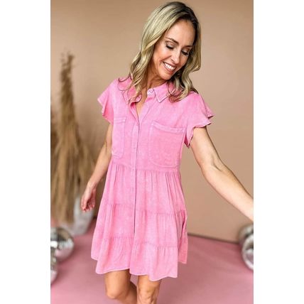 Bonbon Mineral Washed Ruffle Sleeve Tiered Chambray Dress