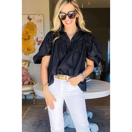 Black Crisp Puff Sleeve Loose Shirt