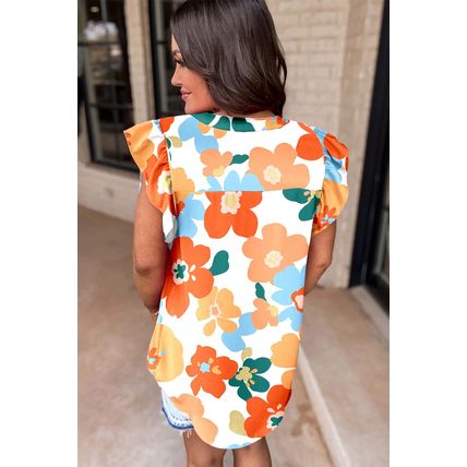 Orange Floral Notched V Neck Ruffled Sleeve Blouse