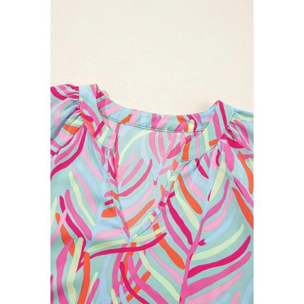 Light Blue Abstract Printed Ricrac Tiered Puff Sleeve Dress