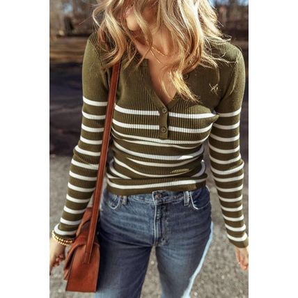 Green Stripe Ribbed Knit Henley Buttons Slim Fit Sweater
