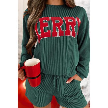 Evergreen Corded MERRY Graphic Long Sleeve Top and Shorts Set