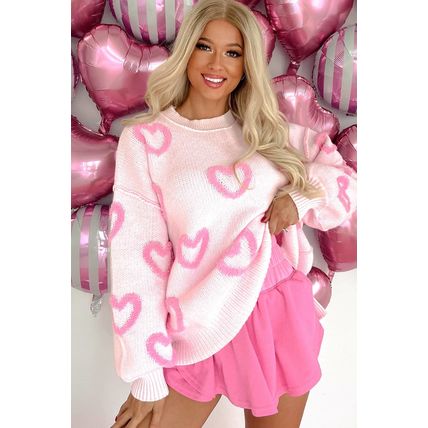 Pink Heart Shape Bubble Sleeve Baggy Sweater