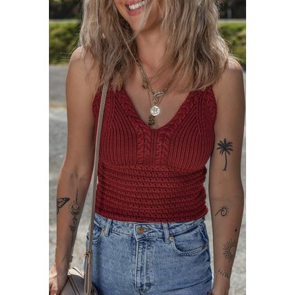 Burgundy Cable Knit Pointelle Slim Fit V Neck Sweater Vest