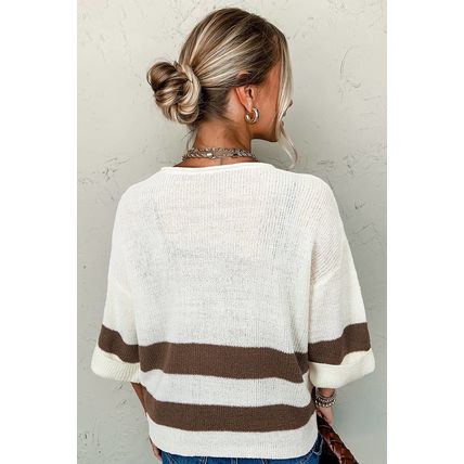 Brown Striped Accent Notched V Neck Cropped Sweater T Shirt