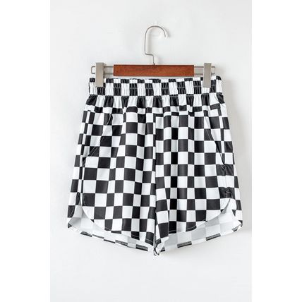 Black Checkered Print High Waist Casual Shorts