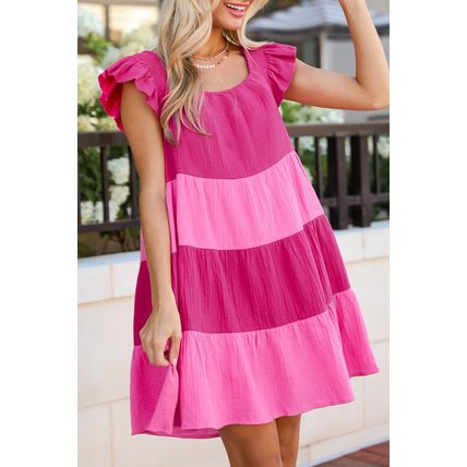 Pink Crinkled Colorblock Patchwork Flutter Tiered Mini Dress