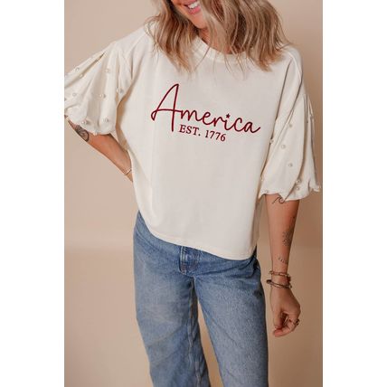 White America EST 1776 Embroidered Pearl Beaded Sleeve T Shirt
