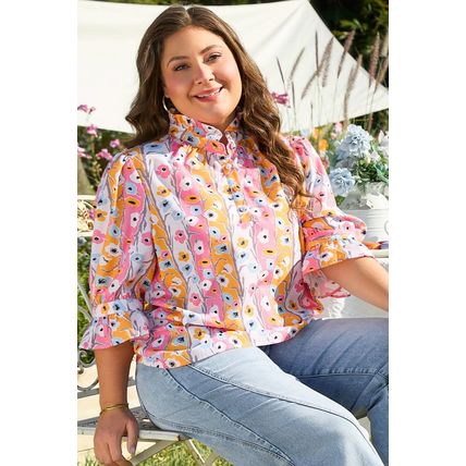 Pink Floral Ruffled Collar Bracelet Sleeve Plus Size Blouse Top