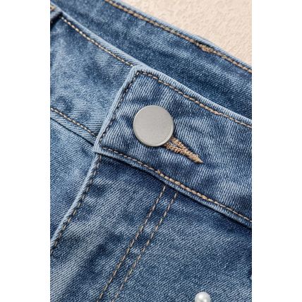 Dusk Blue Pearl Beaded Raw Hem Medium Wash Denim Shorts
