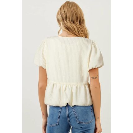 White Textured Bow Ties Front Bubble Hem Puff Short Sleeve Blouse