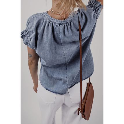 Dusk Blue V Neck Ruffled Short Puff Sleeve Denim Top