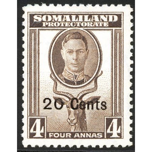 Somaliland KGVI 1951 20c on 4a Sepia Mounted Mint MM SG128 Sc119 stamp kudu bird