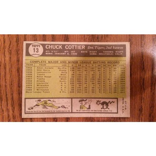 1961 Topps Card # 013 Chuck Cottier Good (2) Detroit Tigers