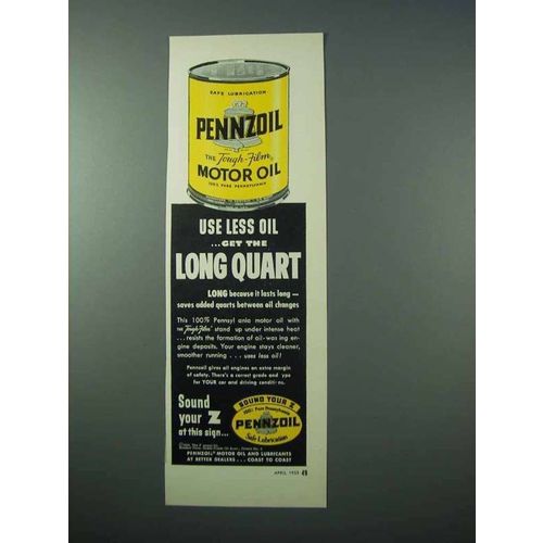 1953 Pennzoil Motor Oil Ad - The Long Quart