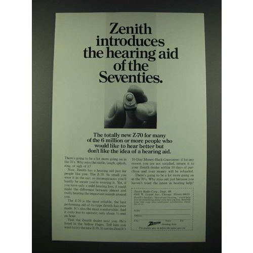 1970 Zenith Z-70 Hearing Aid Ad - The Hearing Aid of The Seventies