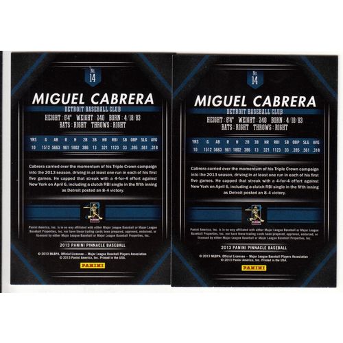 Miguel Cabrera TWO lot 2013 Panini Pinnacle #14 cards – Museum Collection & Base