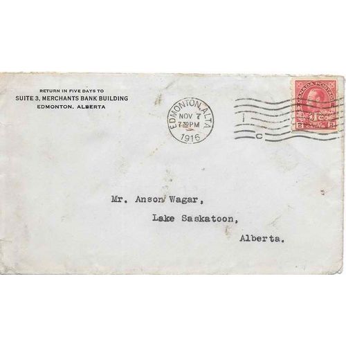 Canada Admiral War Tax #MR6 Coil 1916 Edmonton Alberta to Lake Saskatoon