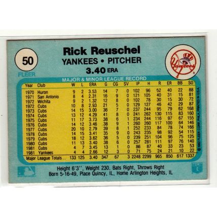 1982 Fleer baseball card 50 Rick Reuschel- Yankees