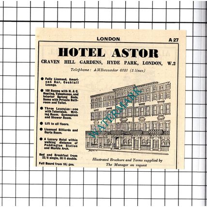 Alexander Court Hotel London / Hotel Astor Hyde Park Small Advert -1958 Cutting