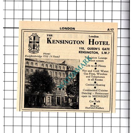 The Kensington Hotel London Small Advert - 1958 Cutting / Print