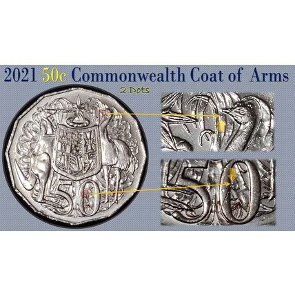 Australia 2021 50c Coat of Arms 'TWO DOTS' Variety - Circulated
